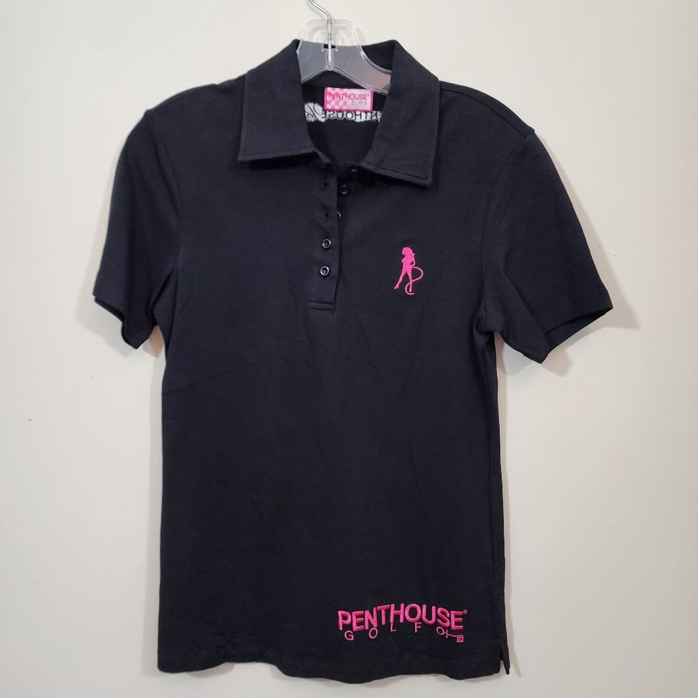 Vintage Penthouse golf pink embroidered polo 1/4 button‎ front woman's size med